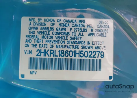 2001 Honda Odyssey Ex from USA, damaged, VIN 2HKRL18601H502279